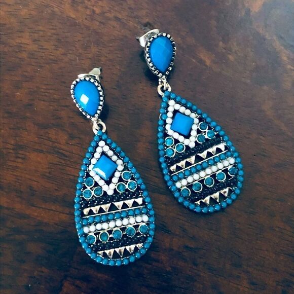 Turquoise Beaded Aztec Tribal Teardrop Earrings - Picture 1 of 2